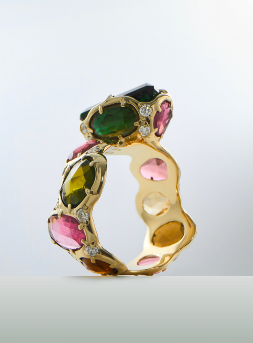 handcrafted gemstone ring with multicolor stones in gold setting